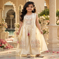 Girls Premium Embroidered Jacket Palazzo Set with Potli Bag